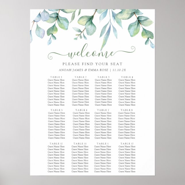 Poster Elegant Eucalyptus Greenery Wedding Seating Chart (Devant)
