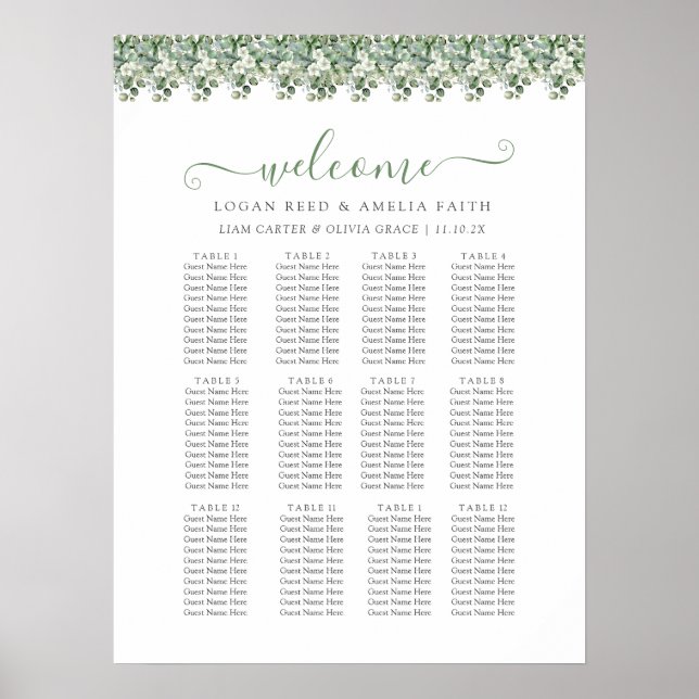 Poster Elegant Eucalyptus Greenery Wedding Seating Chart (Devant)