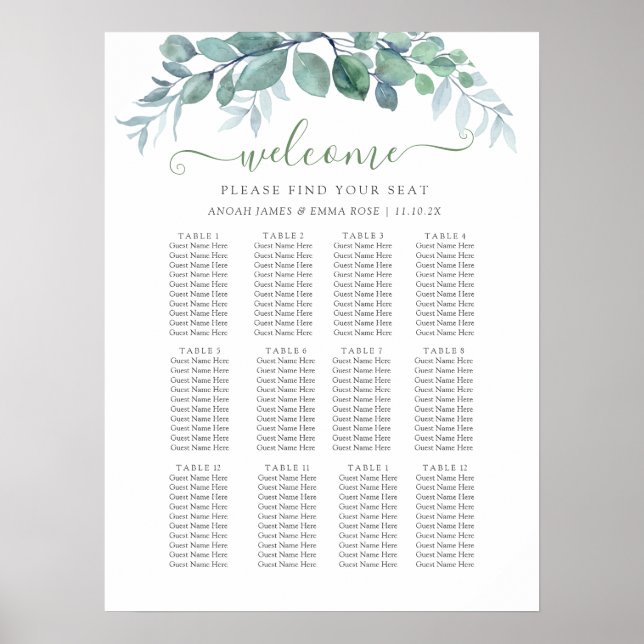 Poster Elegant Eucalyptus Wedding Seating Chart (Devant)