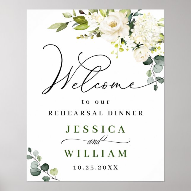 Poster Elégant Eucalyptus White Roses Dîner de répétition (Devant)