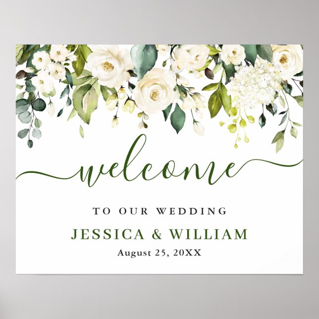 Poster Elégant Eucalyptus White Roses Mariage Bienvenue (Devant)