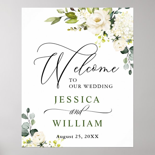 Poster Elégant Eucalyptus White Roses Mariage Bienvenue (Devant)