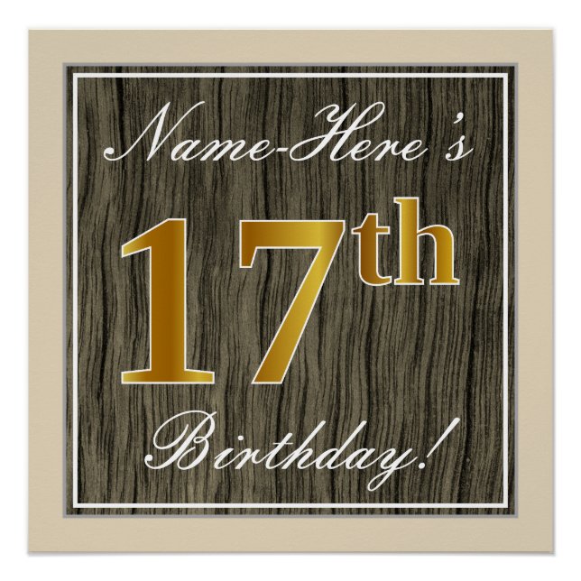 Poster Elégant, Faux Wood, Faux Gold 17ème Anniversaire + (Devant)