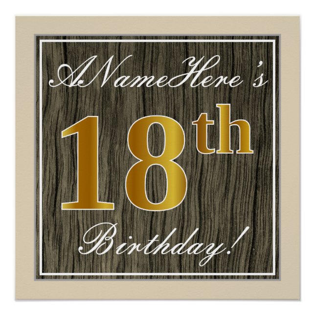 Poster Elégant, Faux Wood, Faux Gold 18e anniversaire + N (Devant)