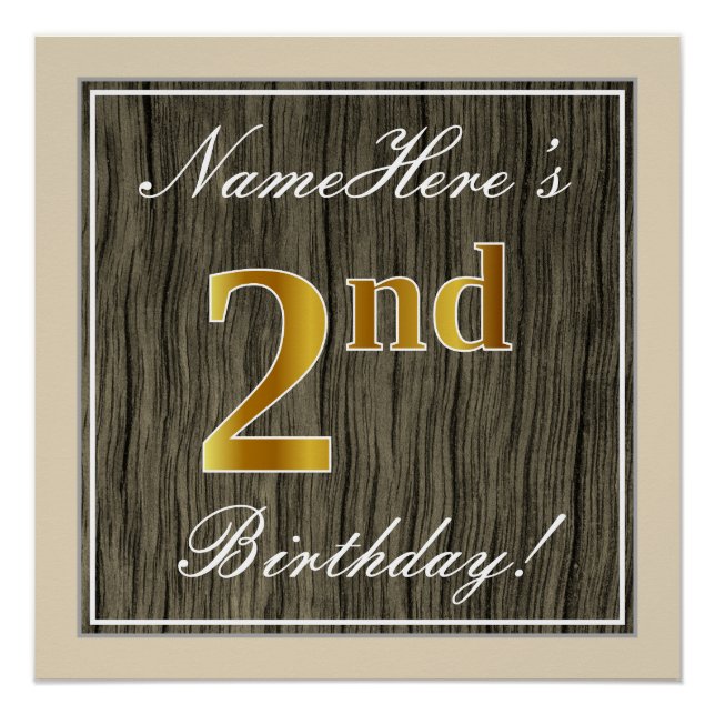 Poster Elégant, Faux Wood, Faux Gold 2e anniversaire + No (Devant)