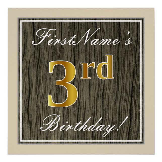 Poster Elégant, Faux Wood, Faux Gold 3ème anniversaire +  (Devant)