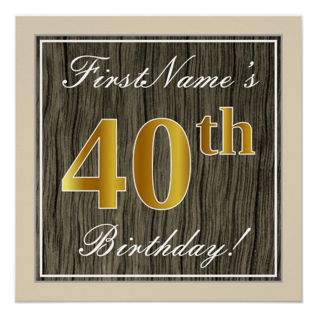 Poster Elégant, Faux Wood, Faux Gold 40e Anniversaire + N (Devant)