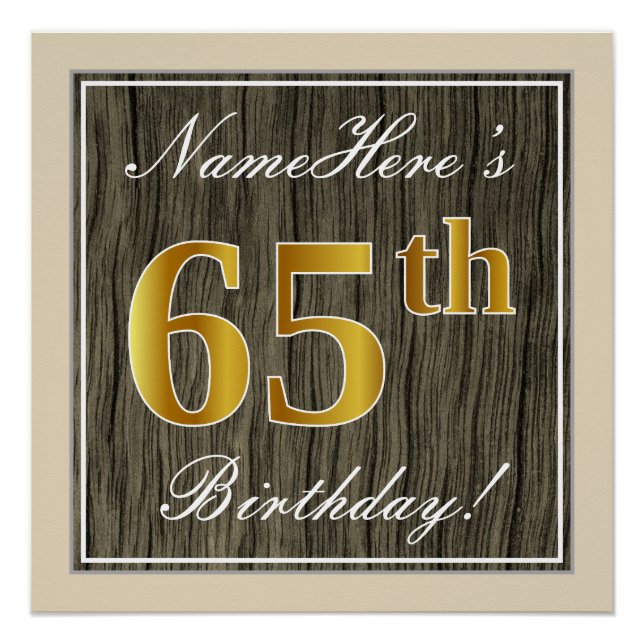 Poster Elégant, Faux Wood, Faux Gold 65e Anniversaire + N (Devant)