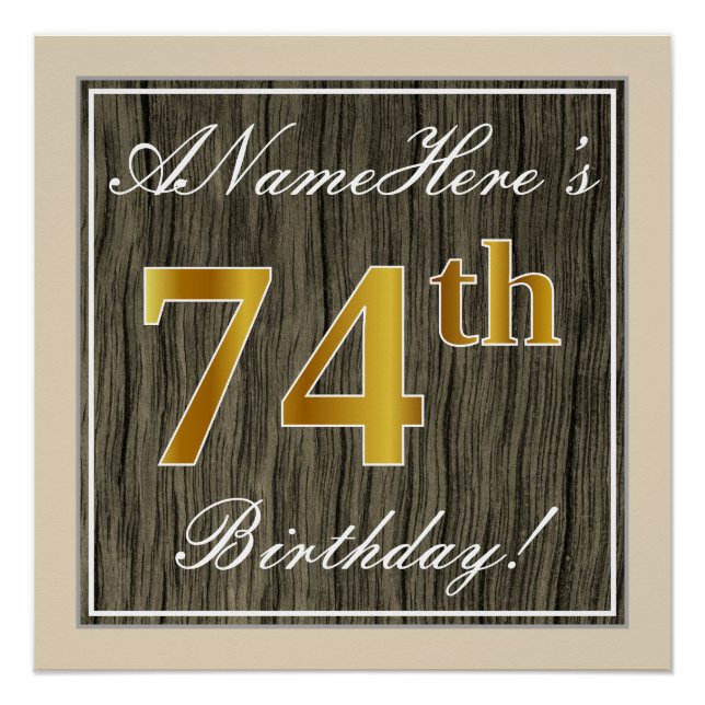 Poster Elégant, Faux Wood, Faux Gold 74ème Anniversaire + (Devant)