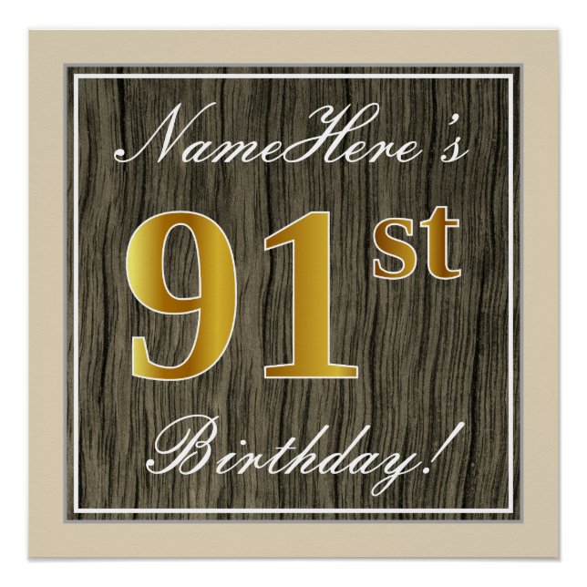 Poster Elégant, Faux Wood, Faux Gold 91ème Anniversaire + (Devant)