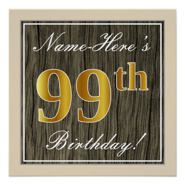 Poster Elégant, Faux Wood, Faux Gold 99e Anniversaire + N (Devant)