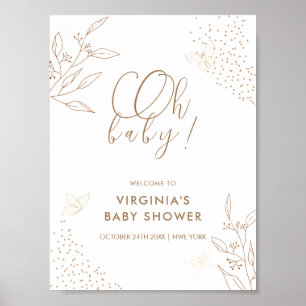 Poster Elégant Feuille  papillon Baby shower Bienvenue