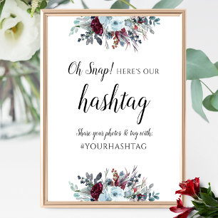 Poster Élégant floral bleu et bordeaux pour le hashtag
