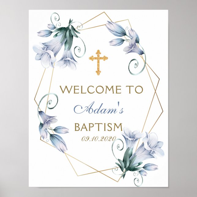 Poster Élégant floral bleu garçon Baptême Bienvenue (Devant)