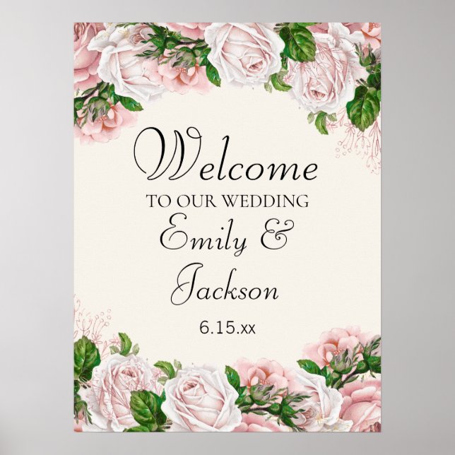 Poster Élégant floral rose sur Mariage crème (Devant)