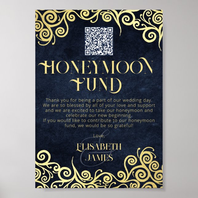 Poster Elégant fonds de lune de miel Code QR bleu et or d (Devant)