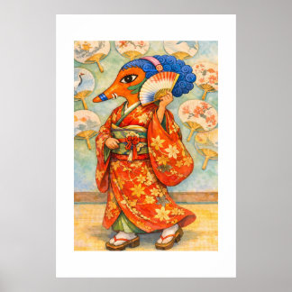 Poster Elegant Fox Lady in Kimono with Fan