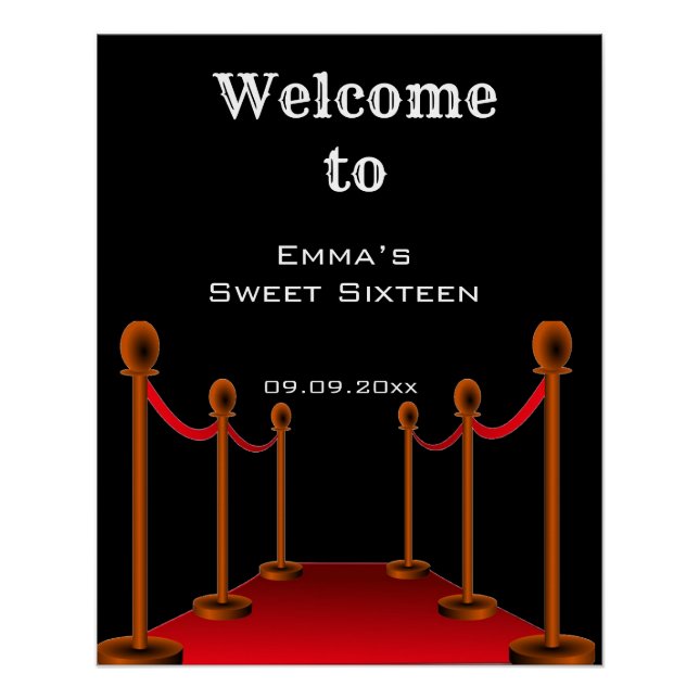 Poster Élégant Glam Rouge Tapis doux 16 Anniversaire Bien (Devant)