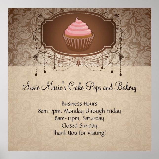 Poster Élégant Glamor Mocha Damask Cupcake Design Signal (Devant)