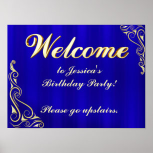 Poster Elegant Gold and Blue Birthday Welcome Sign