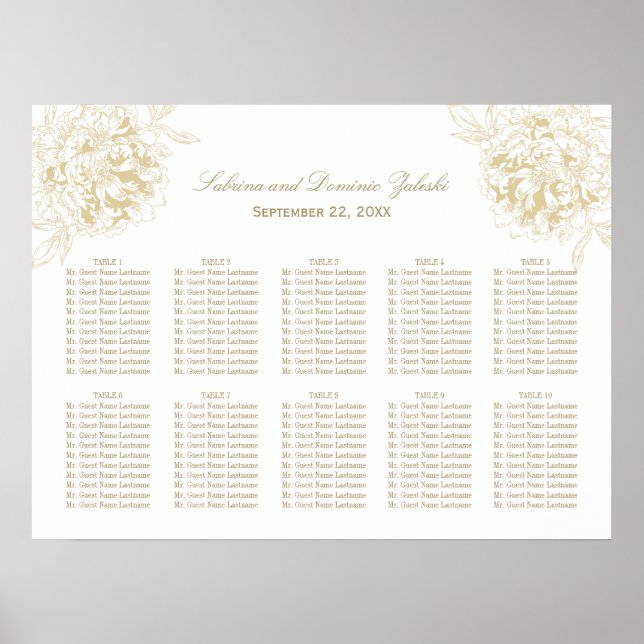 Poster Elégant Gold Floral Peony Mariage Siège (Devant)