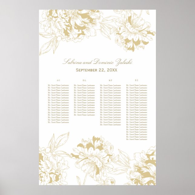 Poster Elégant Gold Floral Peony Mariage Siège (Devant)