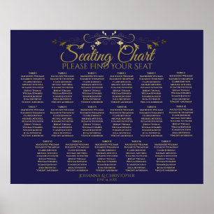 Poster Elégant Gold & Navy 17 Table Mariage Seating Chart