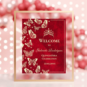 Poster Elégant Gold Red Quinceañera Papillons Bienvenue