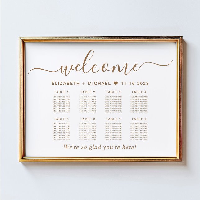 Poster Élégant Gold Script 8 Table Mariage Seating Chart (Créateur téléchargé)