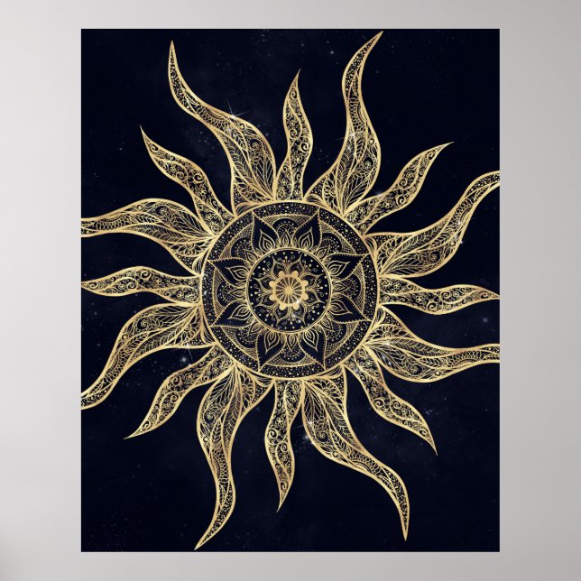 Poster Elégant Gold Sun Mandala Blue Nebula Design (Devant)