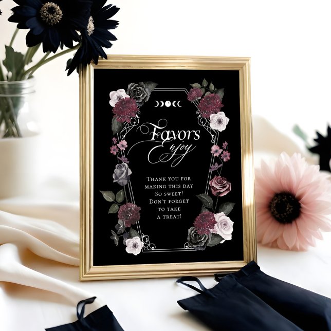 Poster Élégant Gothique Noir Aquarelle Fleur Faveur Signa (Elegant Gothic Black Watercolor Floral Favors Sign)