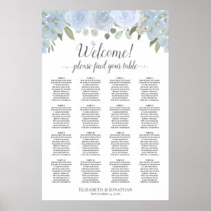 Poster Élégant graphique de table floral bleu poussiéreux