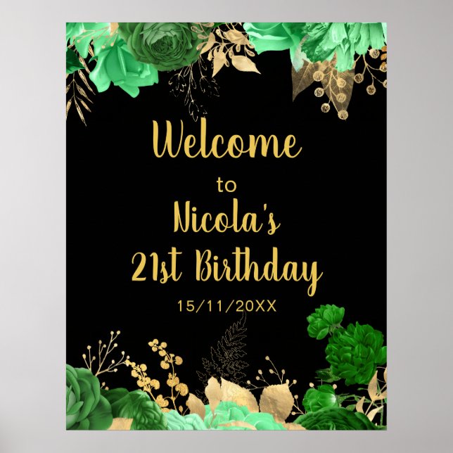 Poster Elegant Green and Gold Flowers Birthday Party (Devant)