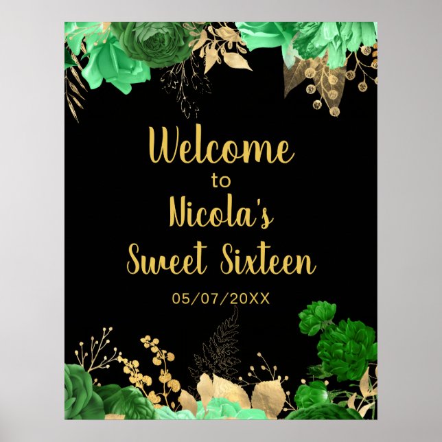 Poster Elegant Green and Gold Flowers Sweet Sixteen (Devant)
