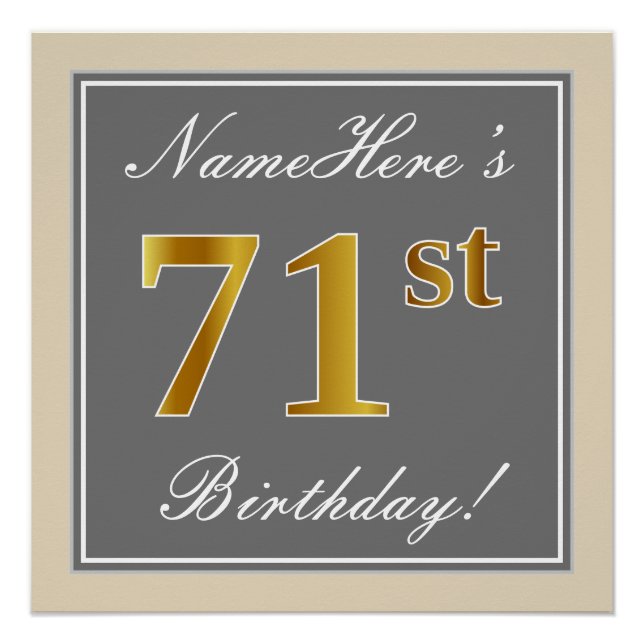 Poster Elégant, Grey, Faux Gold 71ème Anniversaire + Nom (Devant)