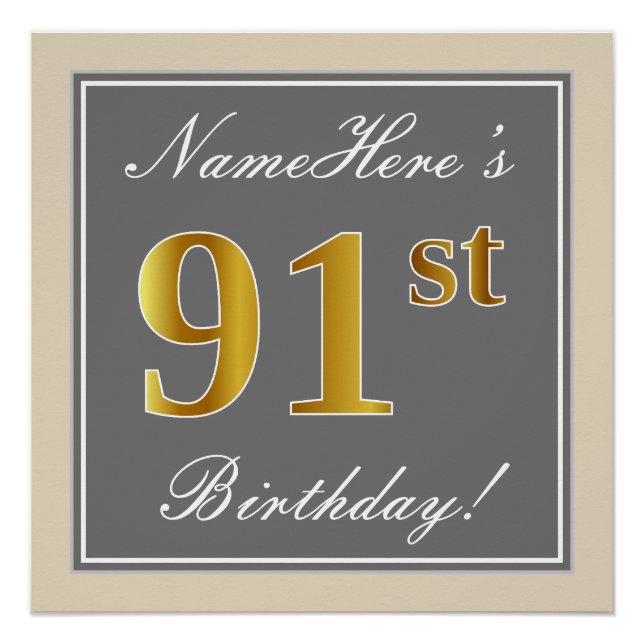 Poster Elégant, Grey, Faux Gold 91ème Anniversaire + Nom (Devant)