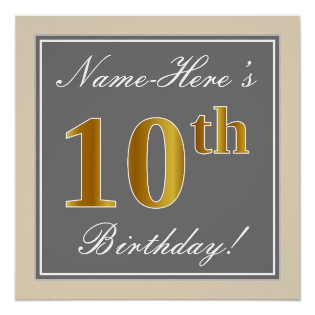 Poster Elégant, gris, Faux Gold 10e anniversaire + Nom (Devant)