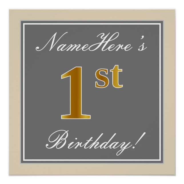 Poster Elégant, Gris, Faux Gold 1er Anniversaire; Nom per (Devant)