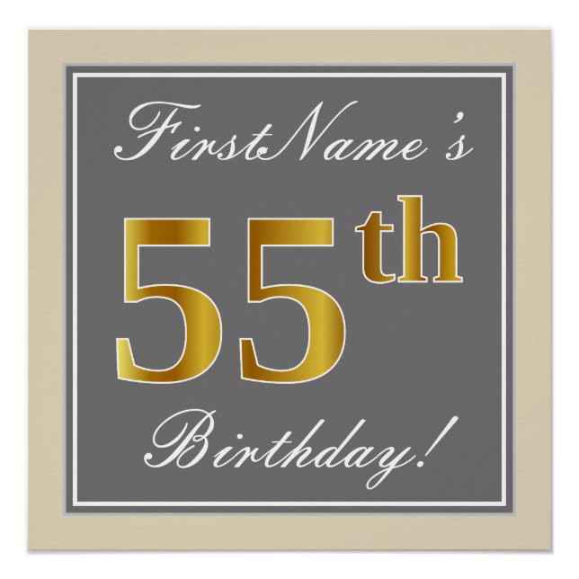 Poster Elégant, gris, Faux Gold 55e anniversaire + Nom (Devant)
