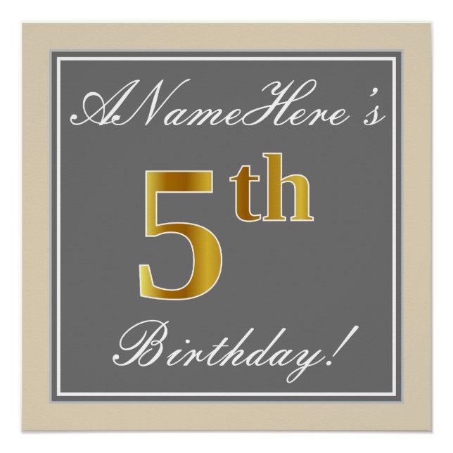 Poster Elégant, gris, Faux Gold 5e anniversaire; Nom pers (Devant)