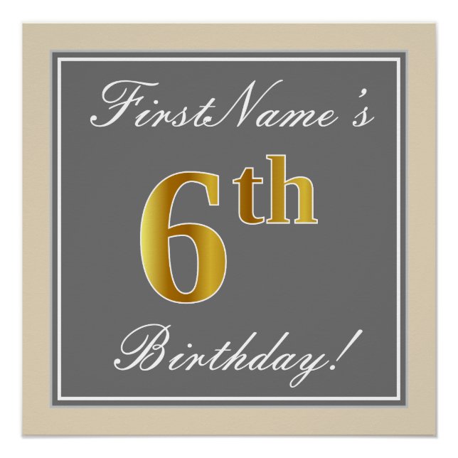 Poster Elégant, gris, Faux Gold 6e anniversaire; Nom pers (Devant)