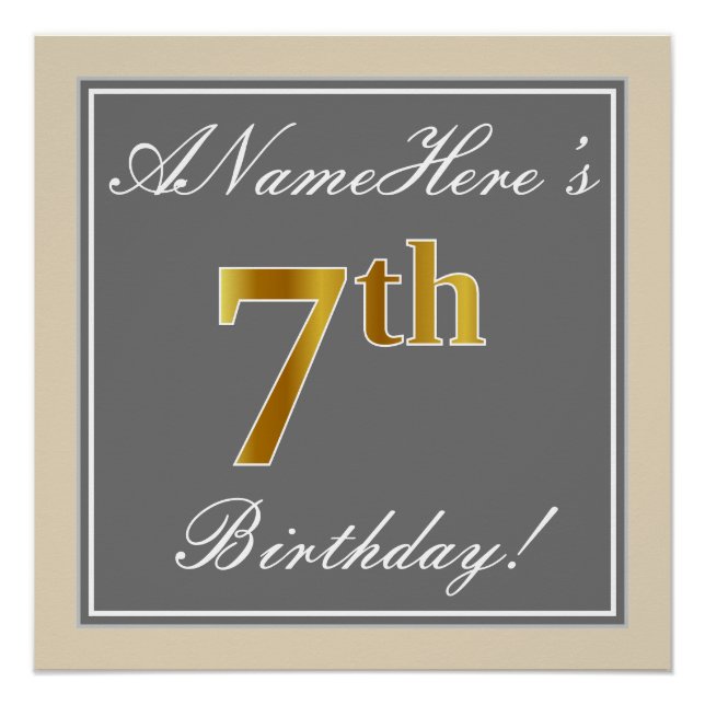 Poster Elégant, gris, Faux Gold 7e anniversaire; Nom pers (Devant)
