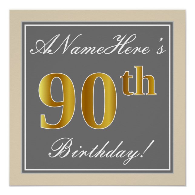 Poster Elégant, gris, Faux Gold 90e anniversaire + Nom (Devant)