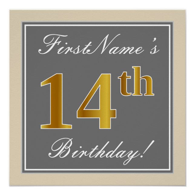 Poster Elégant, gris, Faux Or 14ème anniversaire + Nom (Devant)
