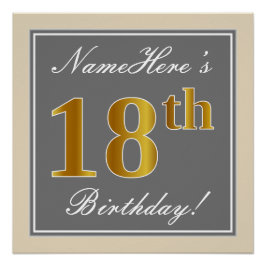 Poster Elégant, gris, Faux Or 18ème anniversaire + Nom