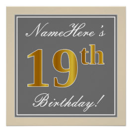 Poster Elégant, gris, Faux Or 19ème anniversaire + Nom
