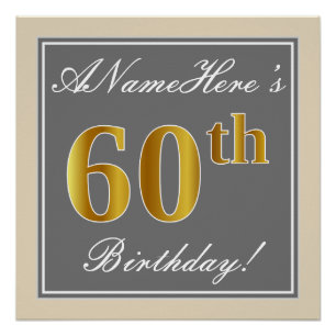 Poster Elégant, gris, Faux Or 60ème anniversaire + Nom