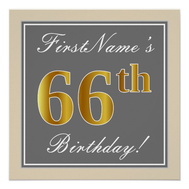 Poster Elégant, gris, Faux Or 66ème anniversaire + Nom (Devant)