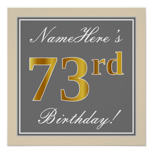 Poster Elégant, gris, Faux Or 73ème anniversaire + Nom (Devant)