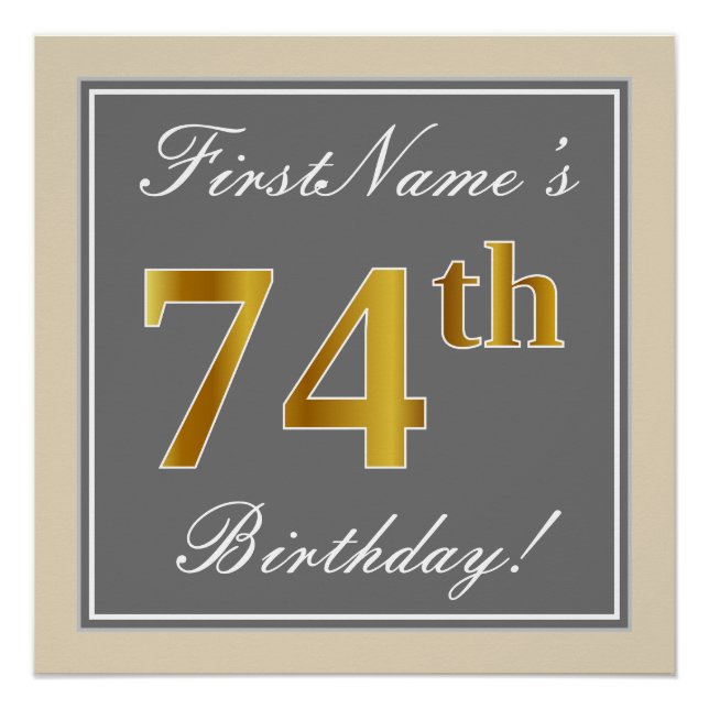 Poster Elégant, gris, Faux Or 74ème anniversaire + Nom (Devant)